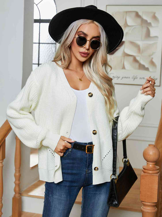 White Button Up V-Neck Long Sleeve Cardigan