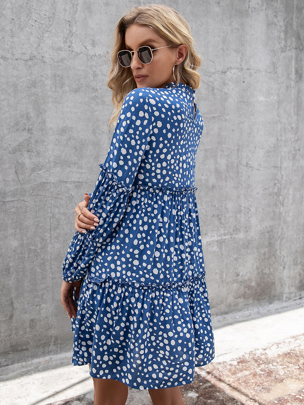 Azure Printed Long Sleeve Tiered Dress