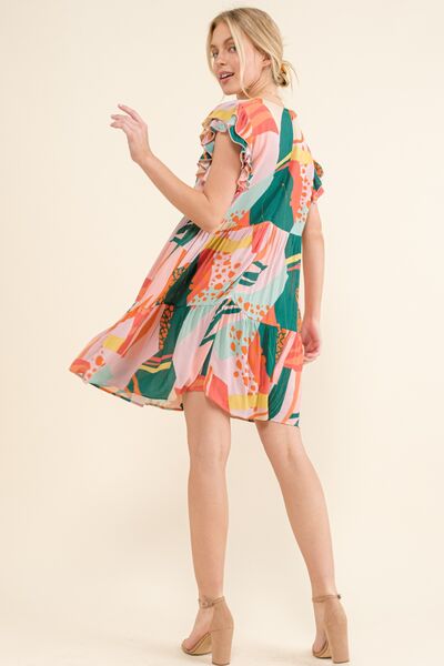 And The Why Printed Double Ruffle Sleeve Dress *