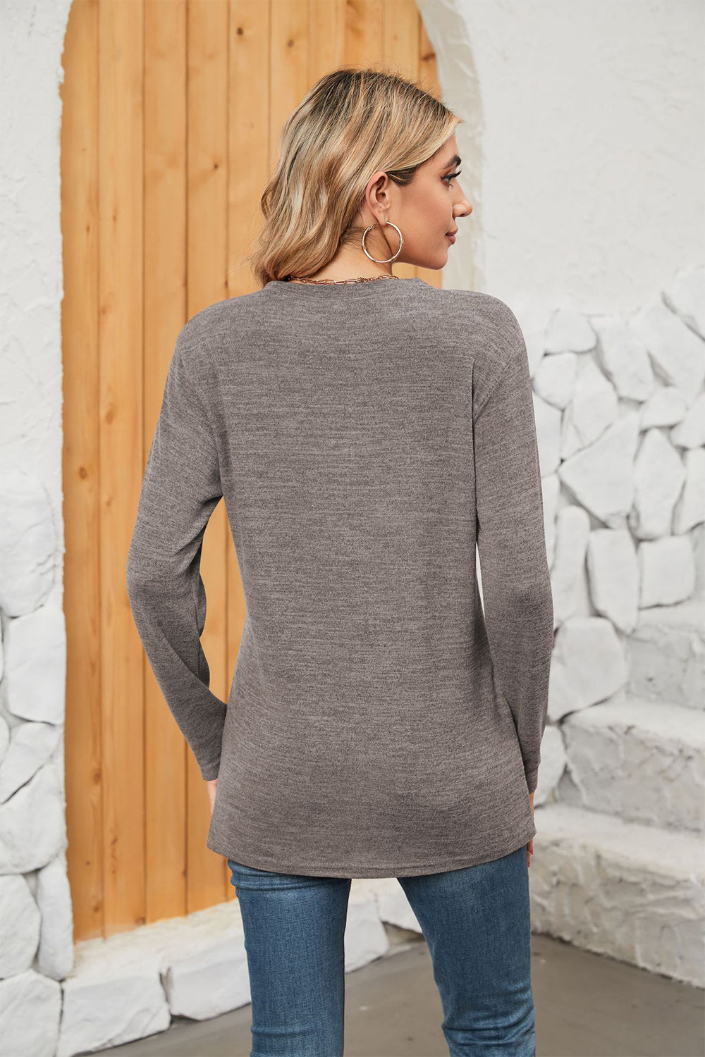 Full Size Notched Neck Long Sleeve T-Shirt