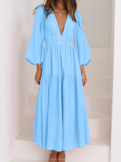 Cora Lea Deep V-Neck Balloon Sleeve Plain Maxi Dress