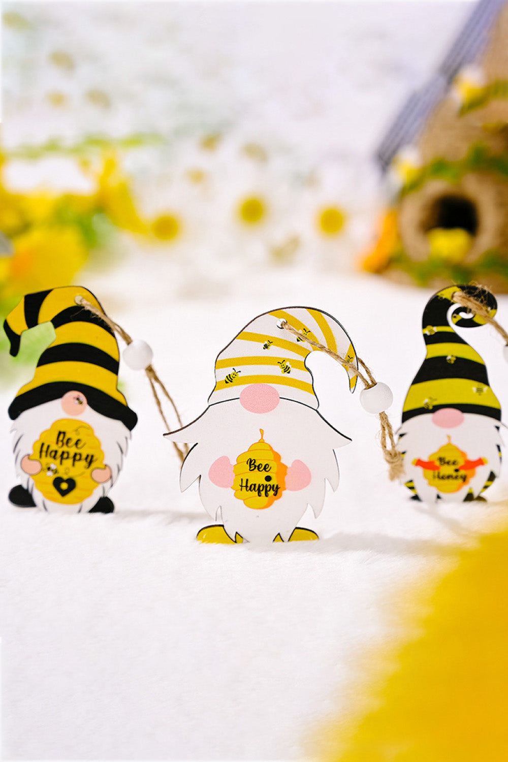 Hanging 3-Pack Bee Themed Wood Gnome Ornaments