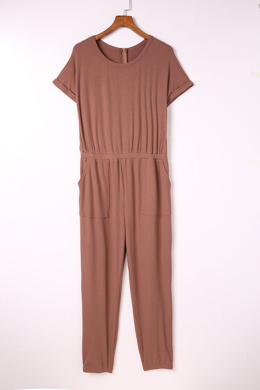 Women's Mauve HANNA Ribbed Short Sleeve Jumpsuit with Pockets