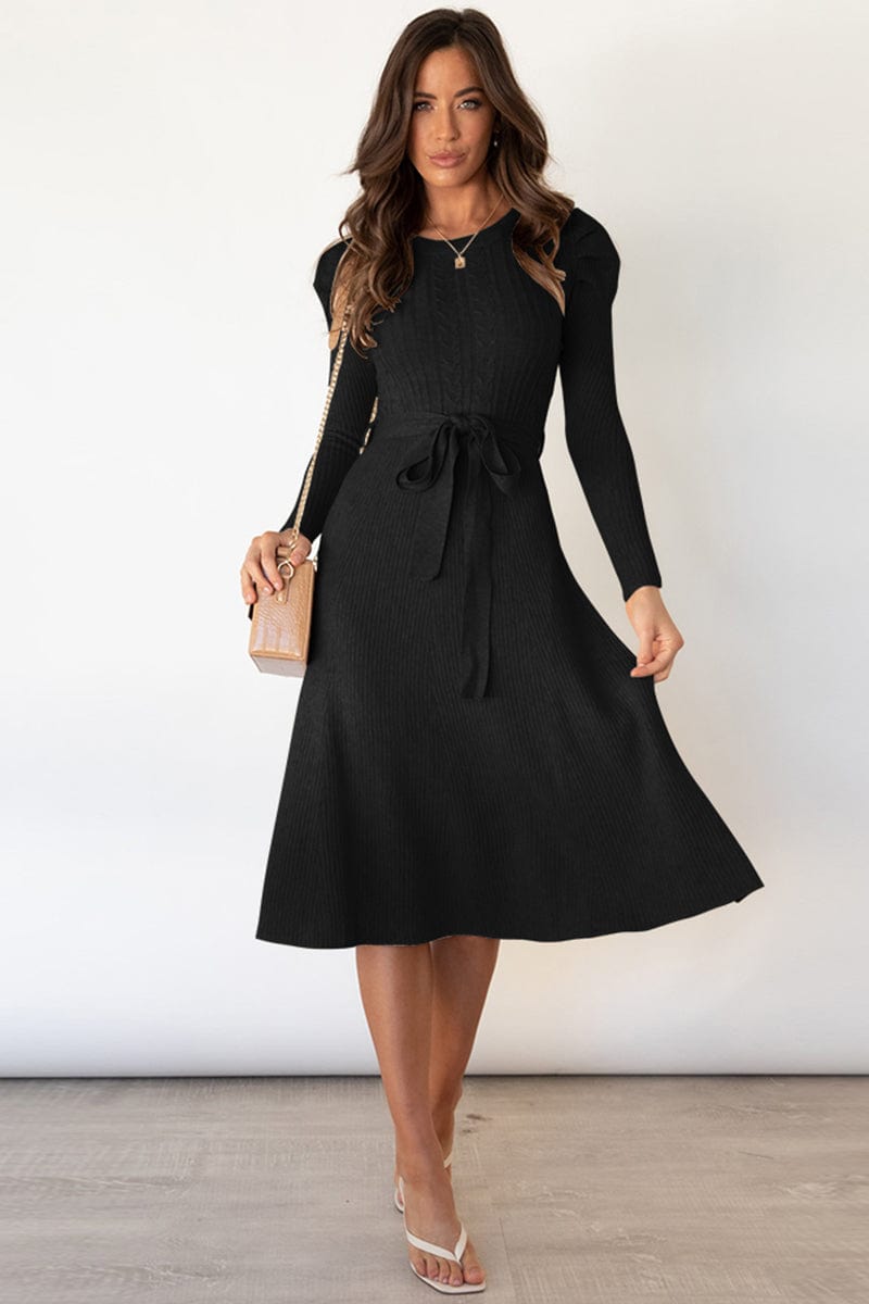 Full Size Round Neck Long Sleeve Tie Waist Sweater Dress