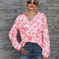 Leopard V-Neck Decorative Button Long Sleeve Blouse