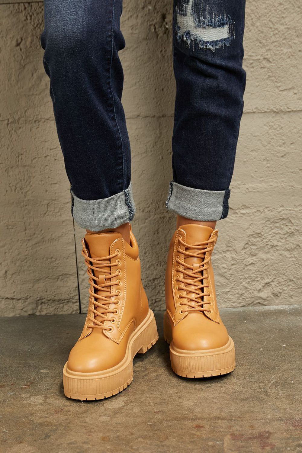 East Lion Corp Platform Caramel Combat Boots