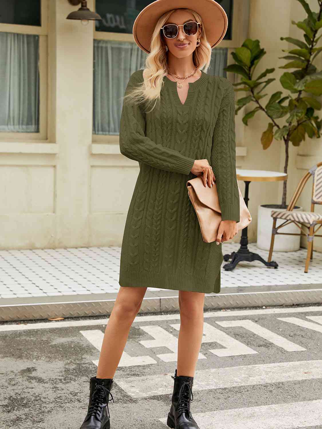 CozyWonders Full Size Notched Neck Cable-Knit Slit Sweater Dress