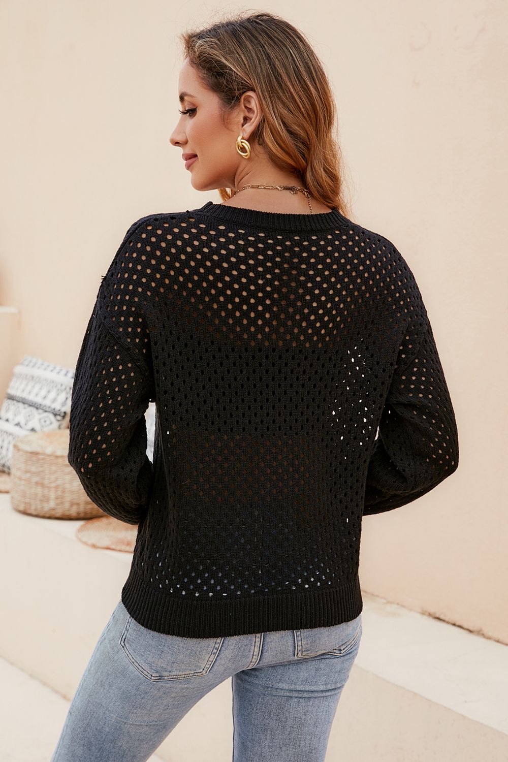 Beauteous Round Neck Openwork Dropped Shoulder Knit Top