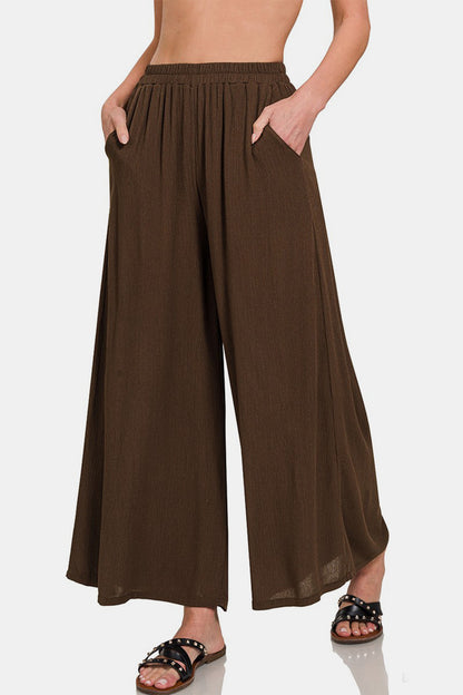 Zenana Woven Wide Leg Pants With Pockets- Brand Zenana