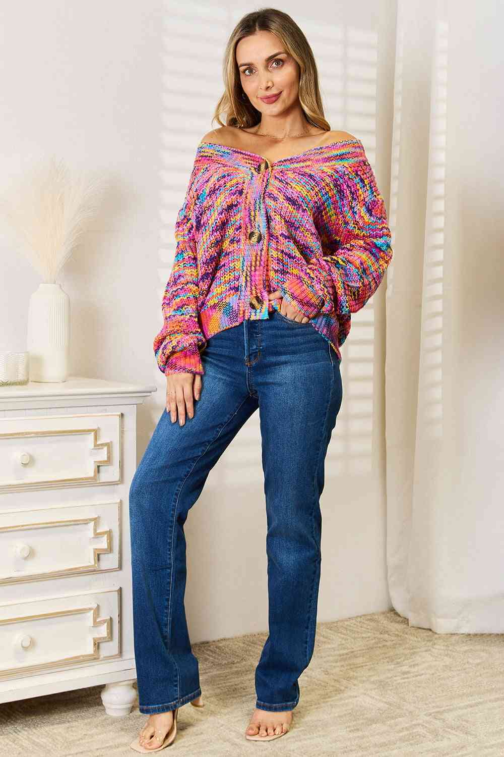 Woven Right V-Neck Long Sleeve Cardigan *