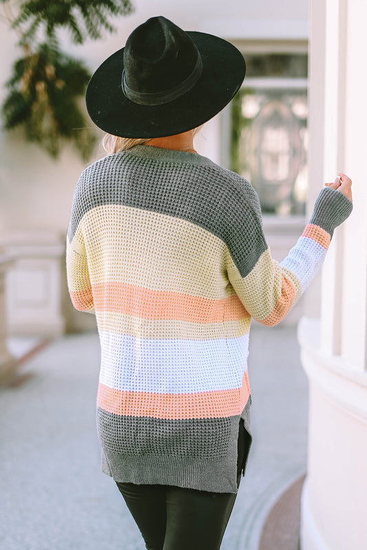 SkyMarie Color Block Open Front Slit Cardigan