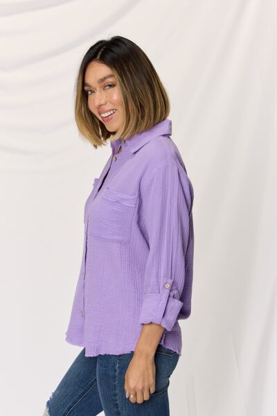 Zenana Texture Button Up Raw Hem Long Sleeve Shirt - Brand Zenana *