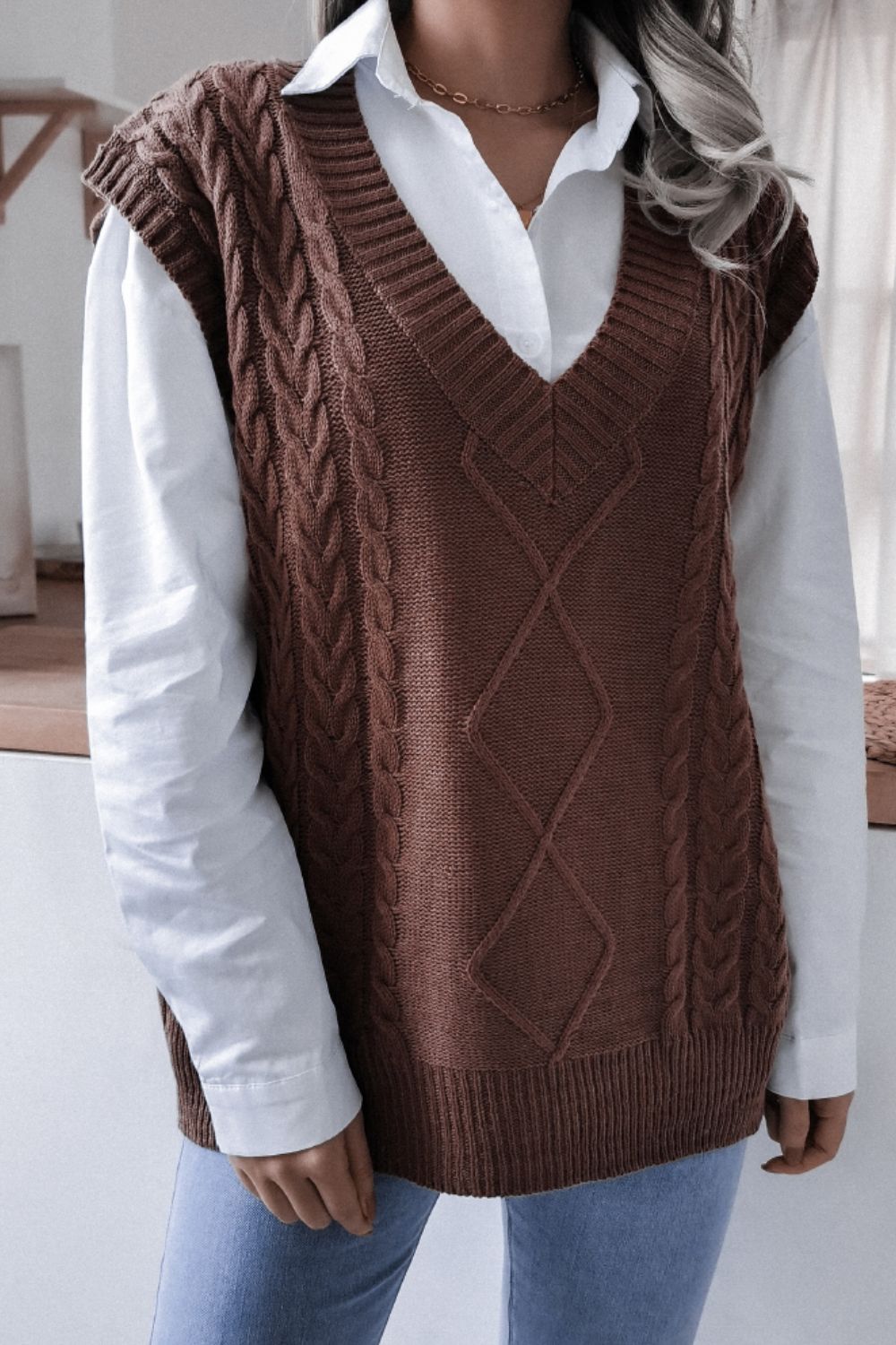 Cable-Knit V-Neck Sweater Vest