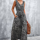 Full Size Printed V-Neck Tie Waist Maxi Dress