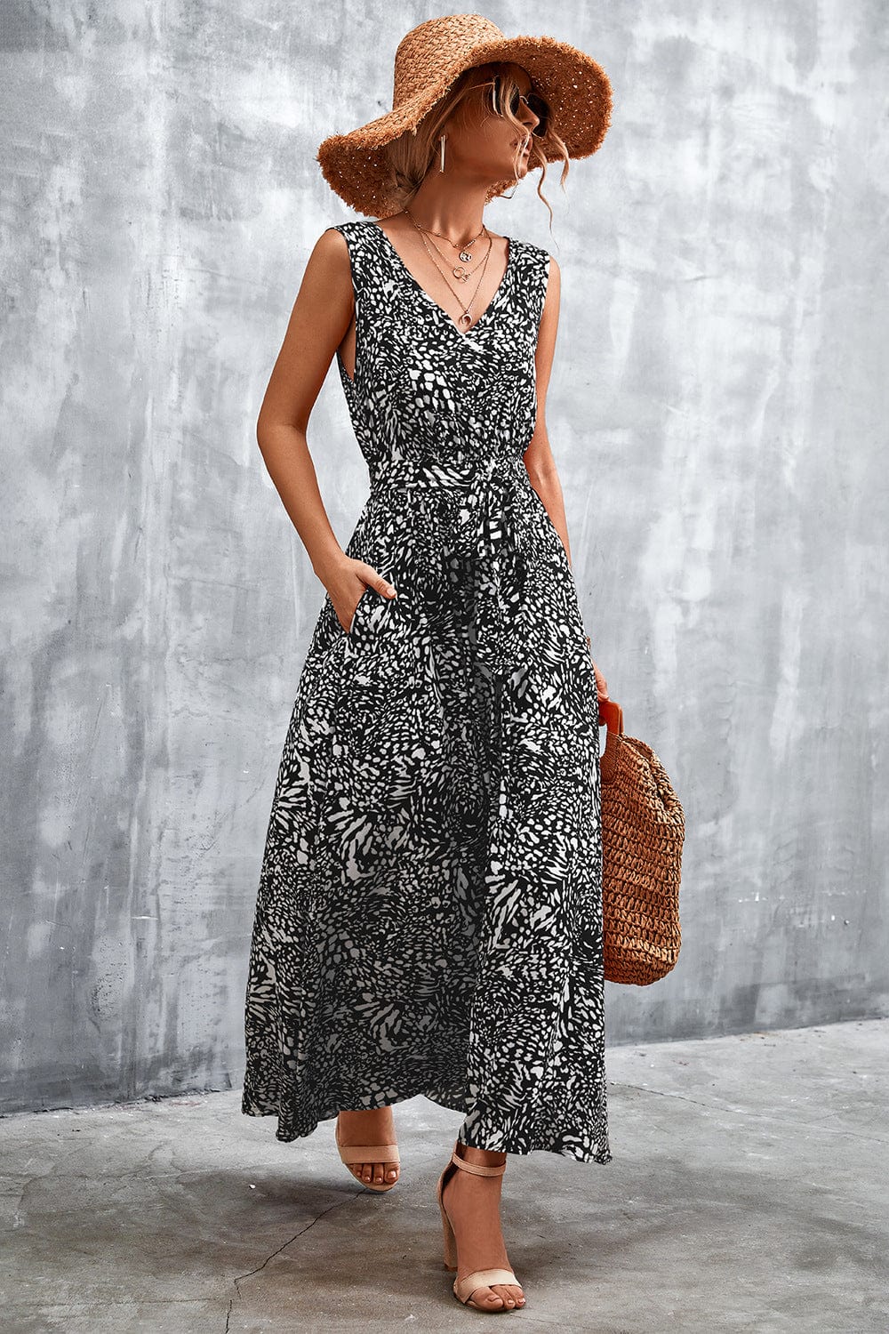 Full Size Printed V-Neck Tie Waist Maxi Dress