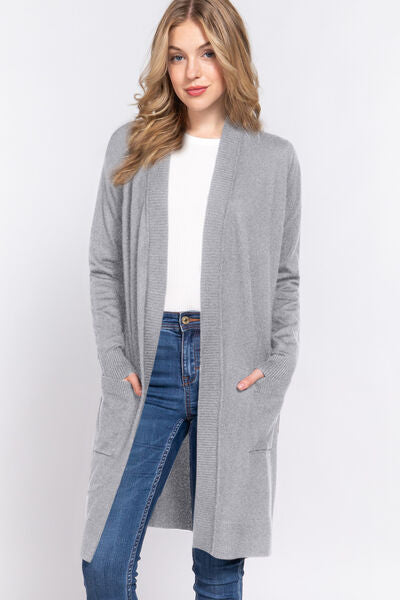 ACTIVE BASIC Heather Grey Open Front Rib Trim Long Sleeve Knit Cardigan