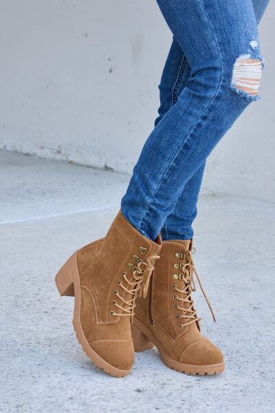 Forever Link Tan Lace-Up Zipper Detail Block Heel Boots