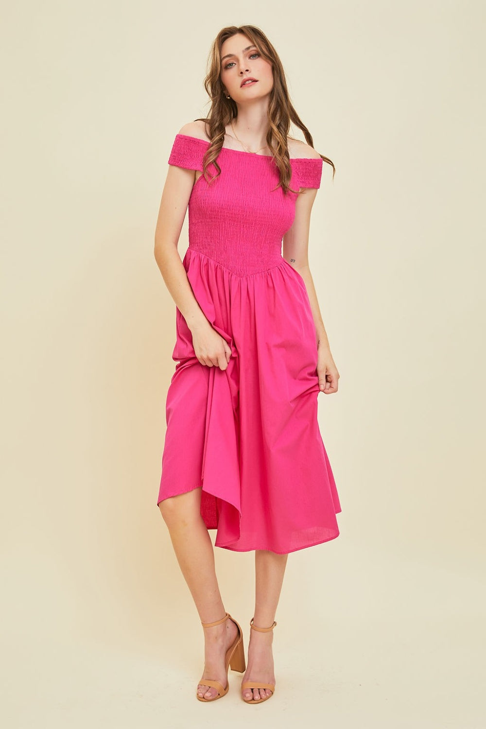 HEYSON Off-Shoulder Smocked Midi Dress *