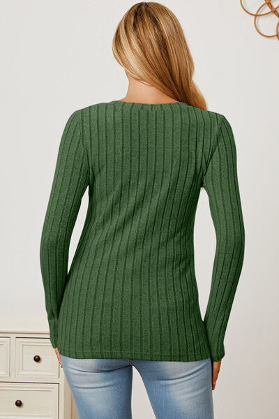 Basic Bae Full Size Ribbed V-Neck Long Sleeve T-Shirt *