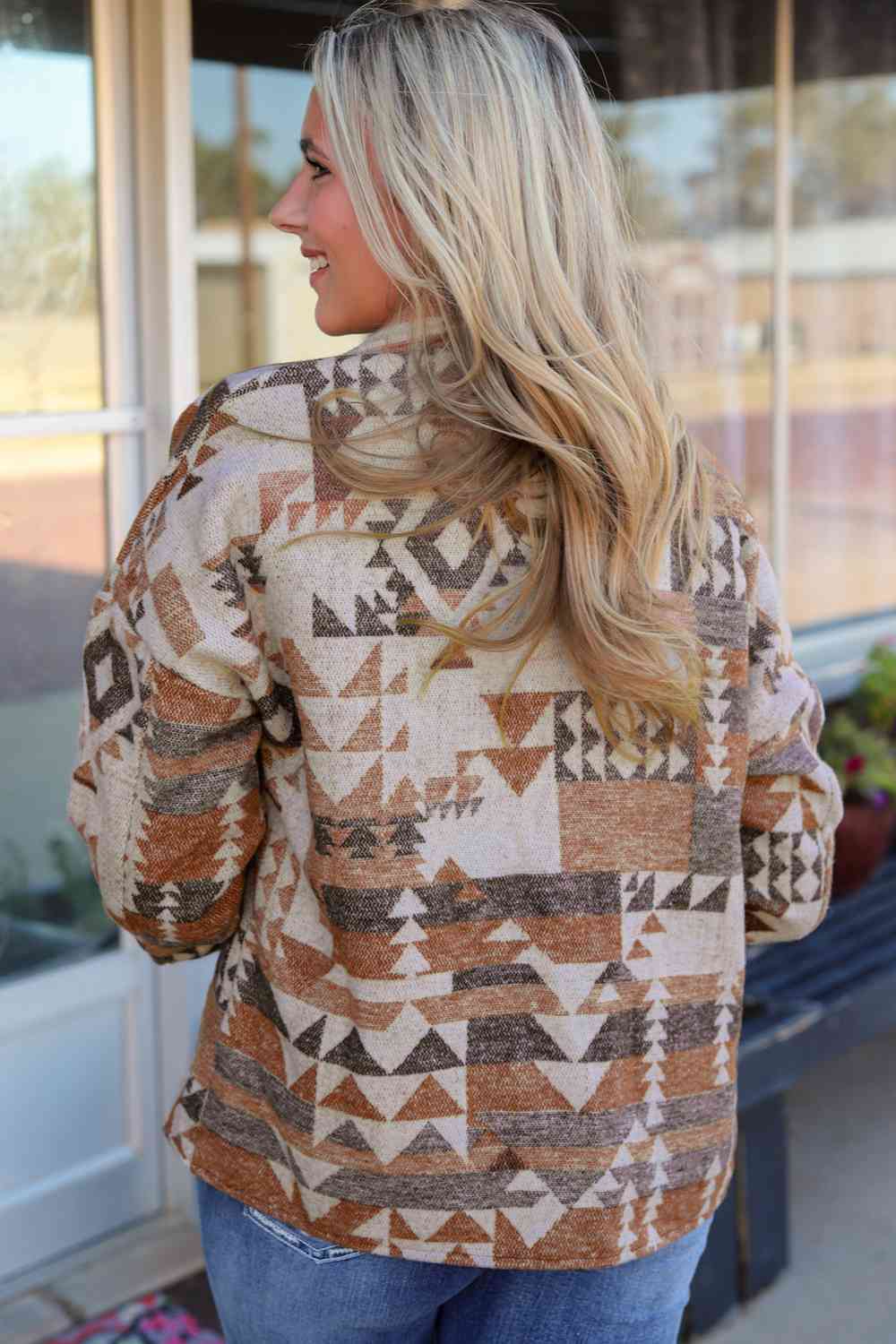 Natalia Camel Full Size Geometric Dropped Shoulder Collared Jacket