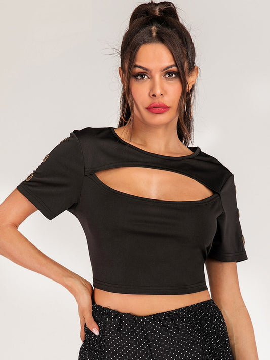 Women's Cutout Grommet Detail Cropped Tee