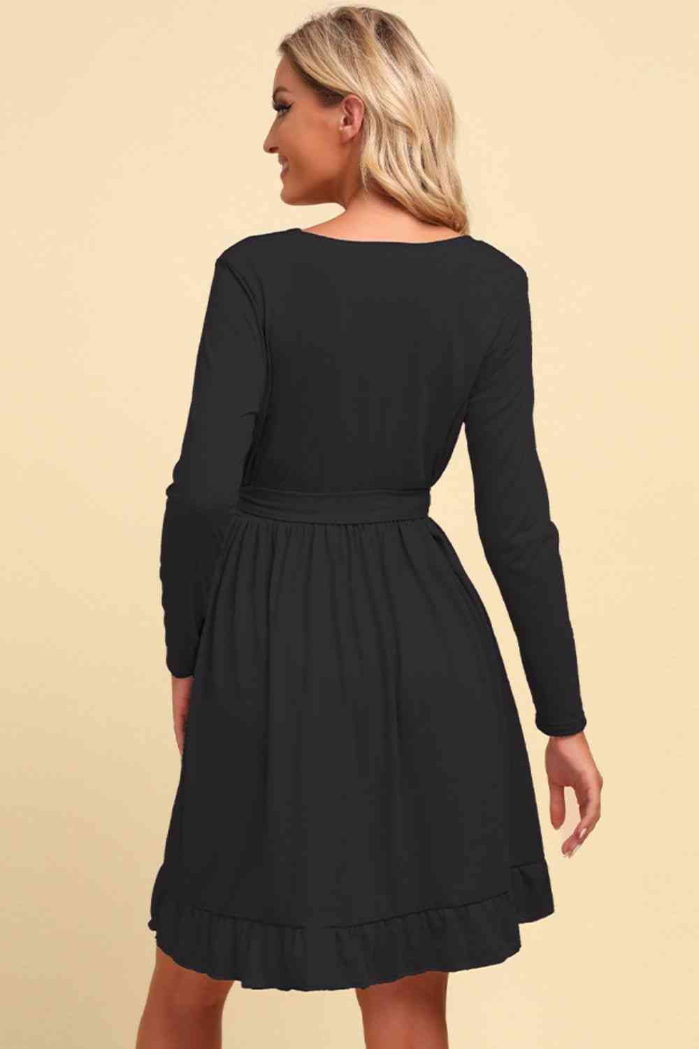 FULL SIZE Long Sleeve Tie Waist Ruffle Hem Dress