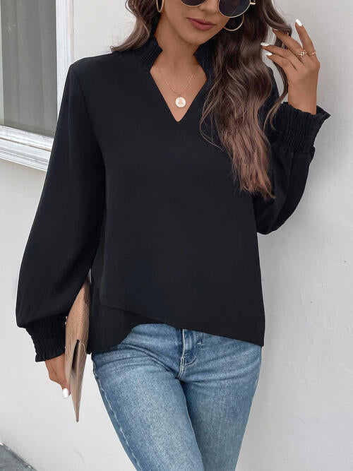 Black Smocked Notched Long Sleeve Blouse