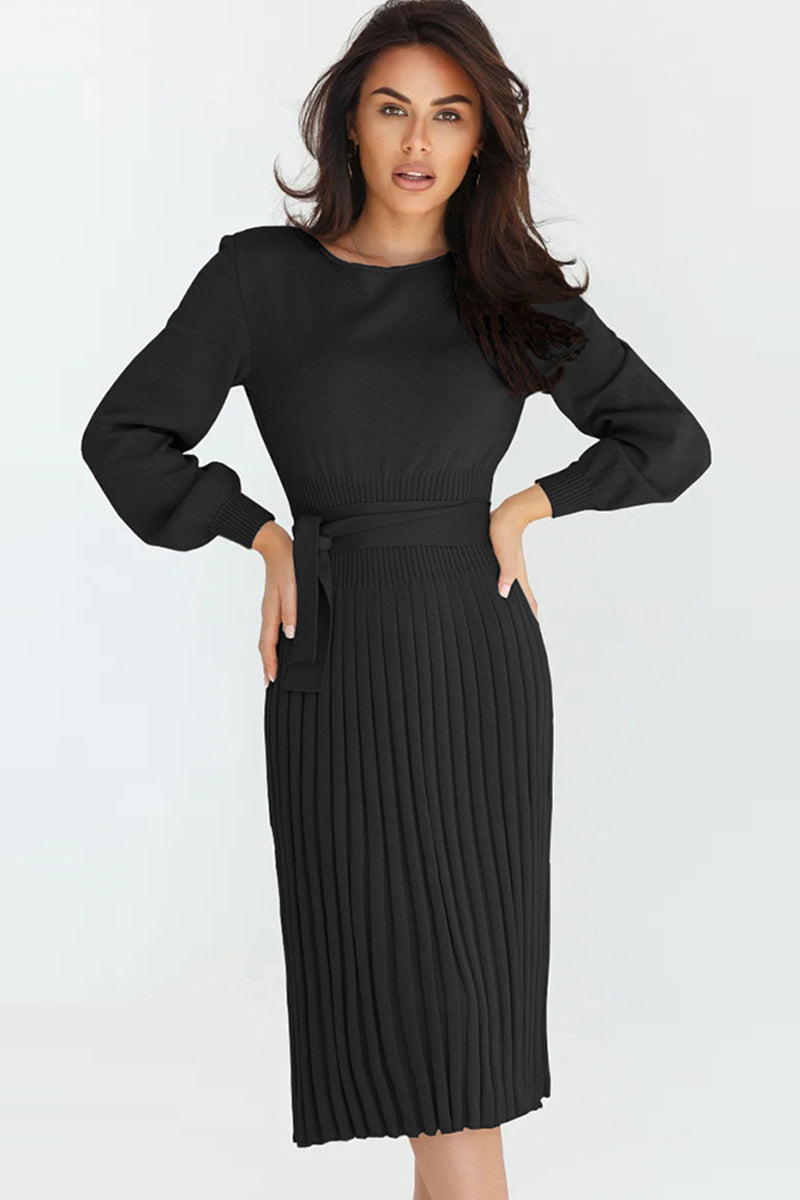 Full Size Round Neck Long Sleeve Pleated Sweater Dress