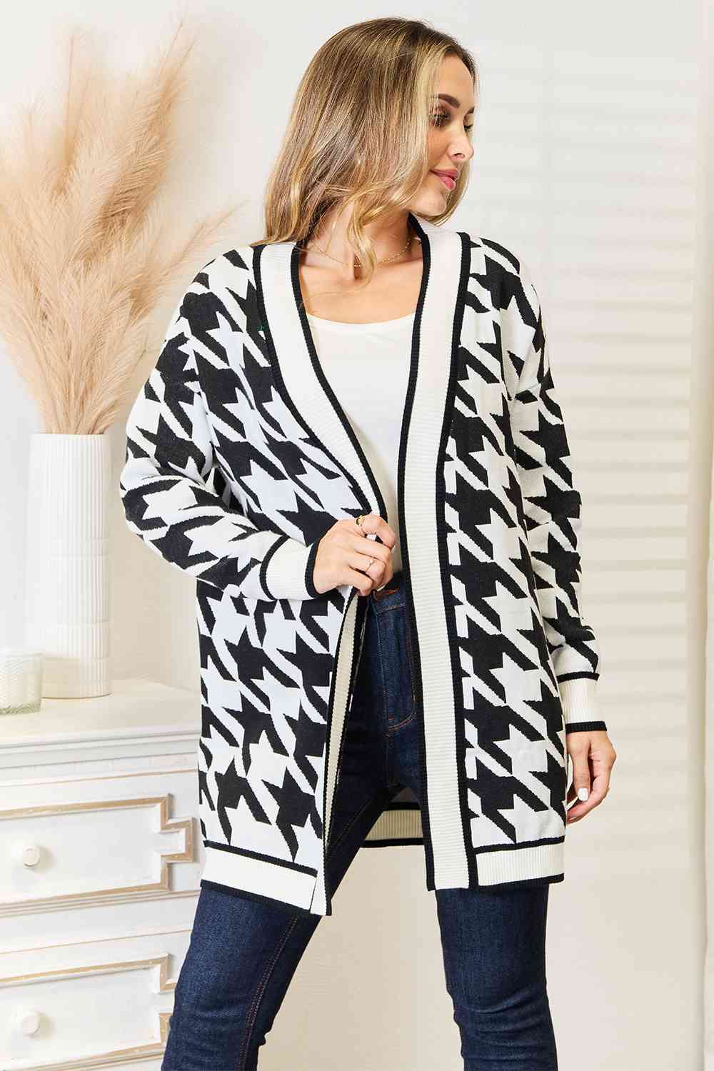 Woven Right Houndstooth Open Front Longline Cardigan *