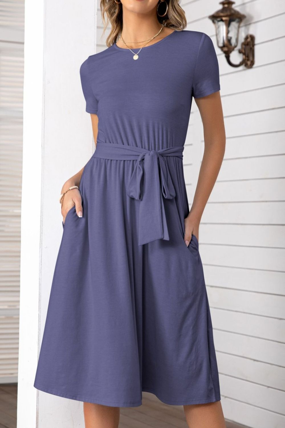 Full Size Belted Tee Dress With Pockets