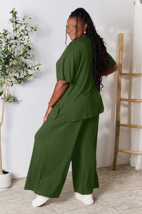 Double Take Full Size Round Neck Slit Top and Pants Set *