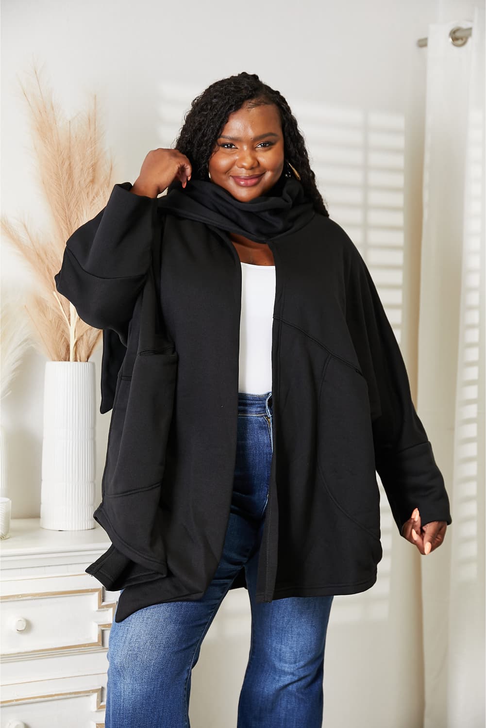 HEYSON Full Size Open Front Black Cardigan with Scarf Design