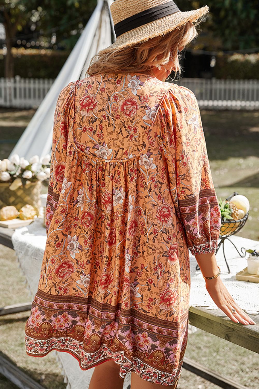 BOHO NOW Bohemian Tie Neck Balloon Sleeve Dress