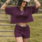 Eyelet Collared Neck Short Sleeve Top and Shorts Set