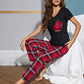 Women's Heart Graphic V-Neck Top and Plaid Pants Lounge Set