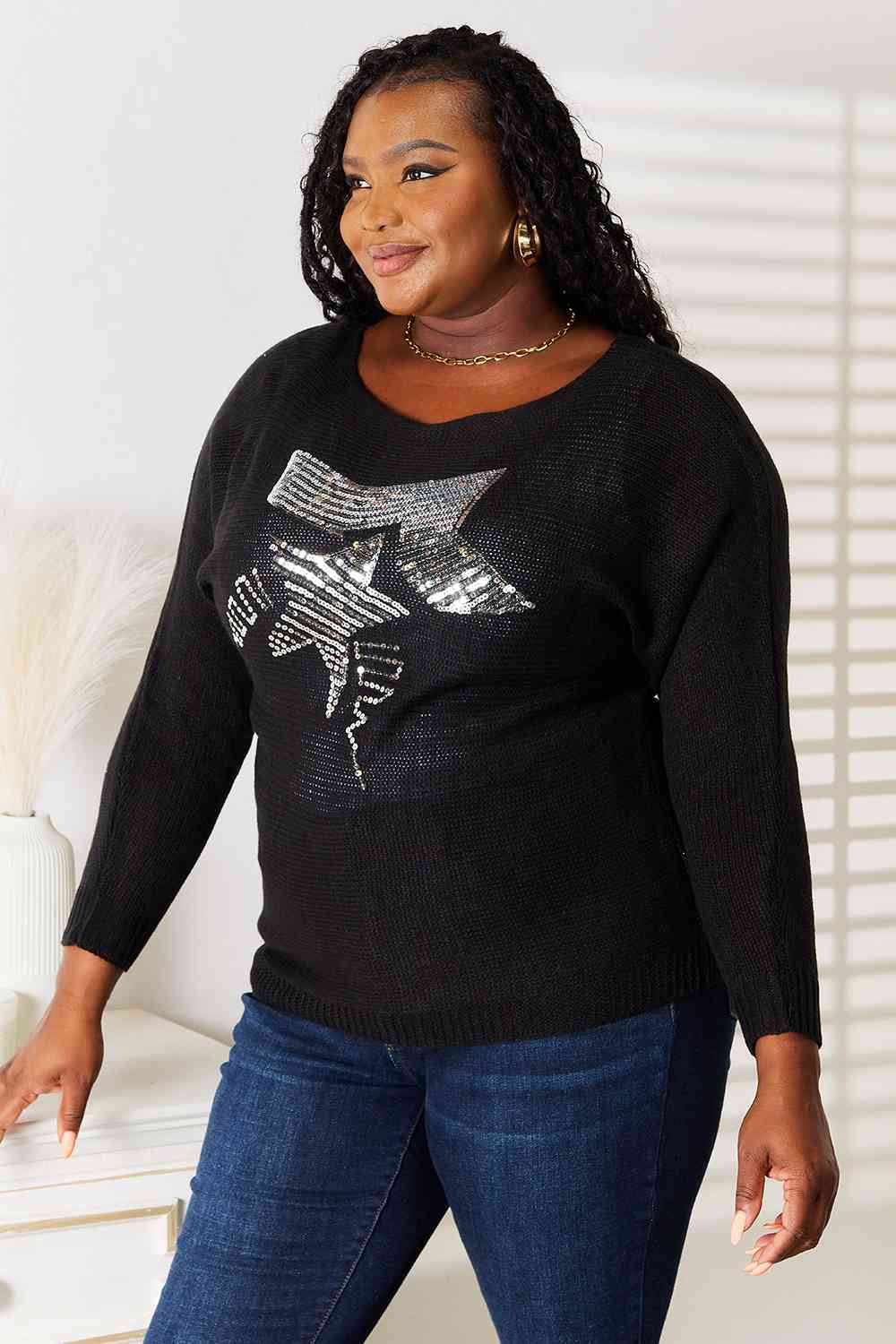 Double Take Sequin Graphic Dolman Sleeve Knit Top *
