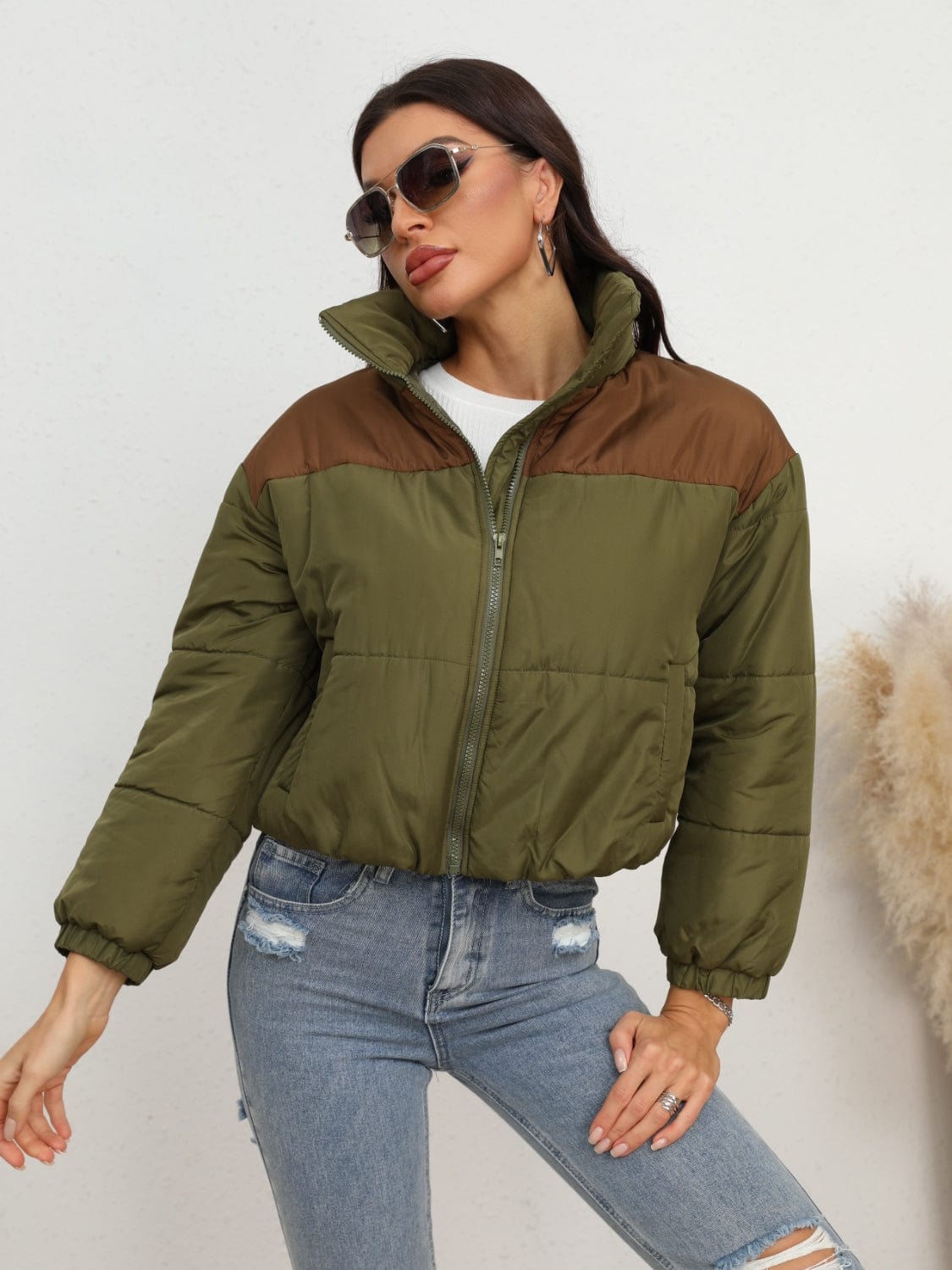 Full Size Two-Tone Zip-Up Puffer Jacket