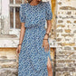 Blue Full Size Floral Round Neck Split Midi Dress