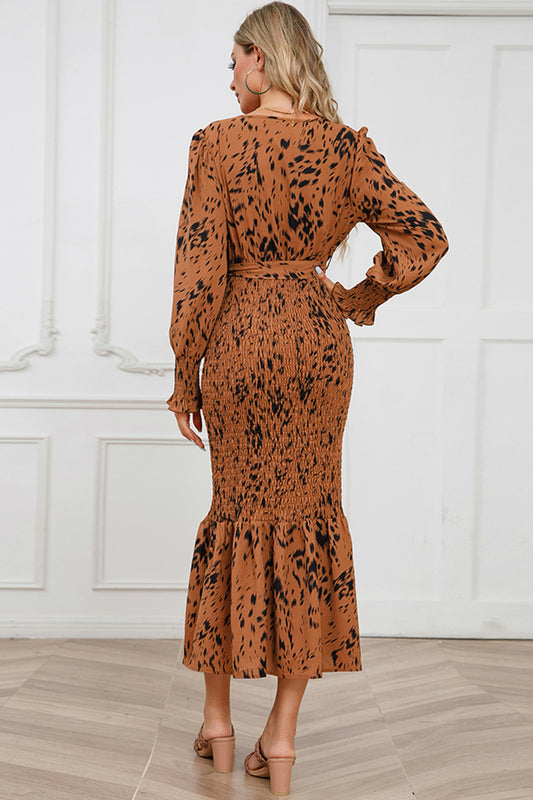 Full Size Printed V-Neck Smocked Midi Dress
