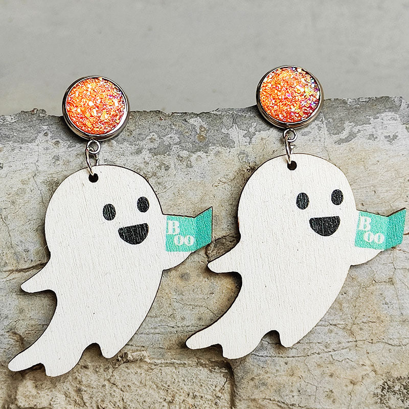 Halloween Ghost Shape Wooden Dangle Earrings