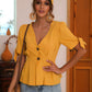 Buttoned V-Neck Short Sleeve Blouse