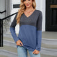 Full Size V-Neck Long Sleeve Two-Tone T-Shirt
