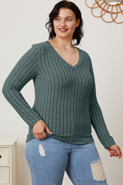 Basic Bae Full Size Ribbed V-Neck Long Sleeve T-Shirt *
