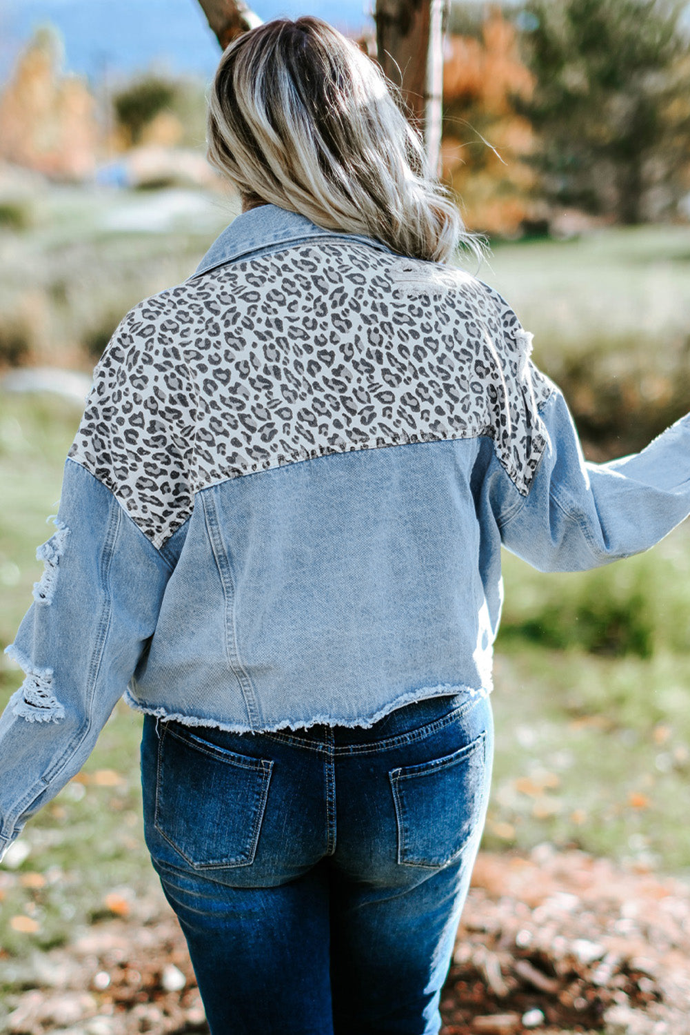 Women's Plus Size Leopard Raw Hem Distressed Spliced Denim Jacket