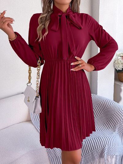 Women's Obsessed Tie Neck Balloon Sleeve Pleated Dress