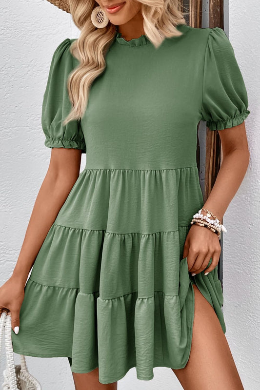 SOCHIC Puff Sleeve Tie Back Tiered Dress