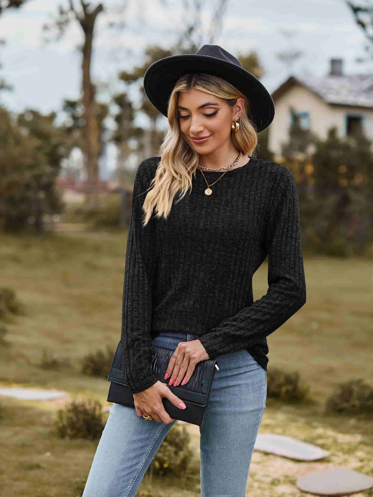 Full Size Ribbed Round Neck Long Sleeve Tee