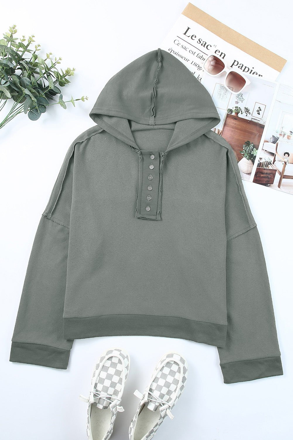 Malibu Dreams Quarter-Button Exposed Seam Dropped Shoulder Hoodie