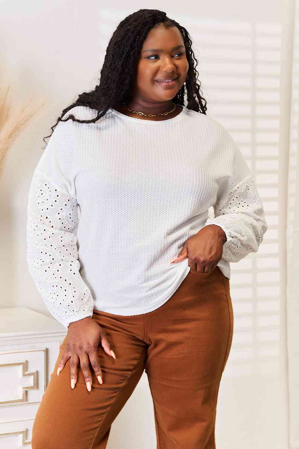 Double Take Eyelet Dropped Shoulder Round Neck Blouse *