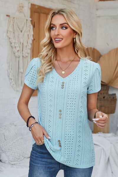 Decorative Button Eyelet V-Neck Short Sleeve T-Shirt